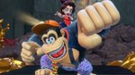 Screenshot from Donkey Kong Bananza. Shows the main character with Pauline on his back.