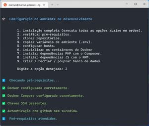Captura de tela do script rodando. É exibida uma mensagem dizendo que todos os pré-requisitos foram aceitos.