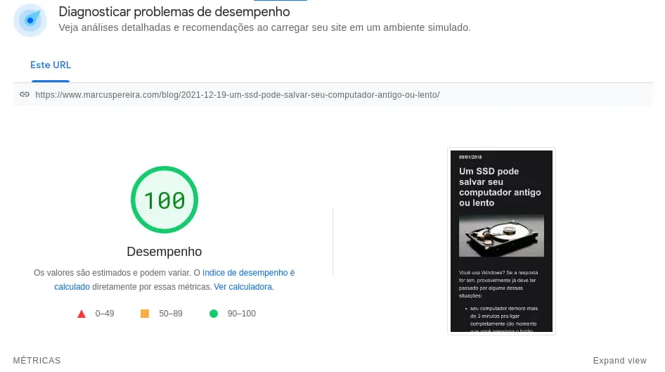 Screenshot do Google Pagespeed Insights do mesmo post da imagem anterior no Blog com 11ty. Pontos: 100 (no mobile).