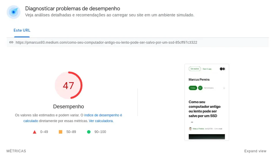 Screenshot do Google Pagespeed Insights para um de meus posts no Medium. Pontos: 47 (no mobile).