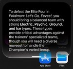 Siri's answer on the iPhone screen explaining which Pokémon types to bring to face the Elite Four in Pokémon: Let's Go, Eevee!